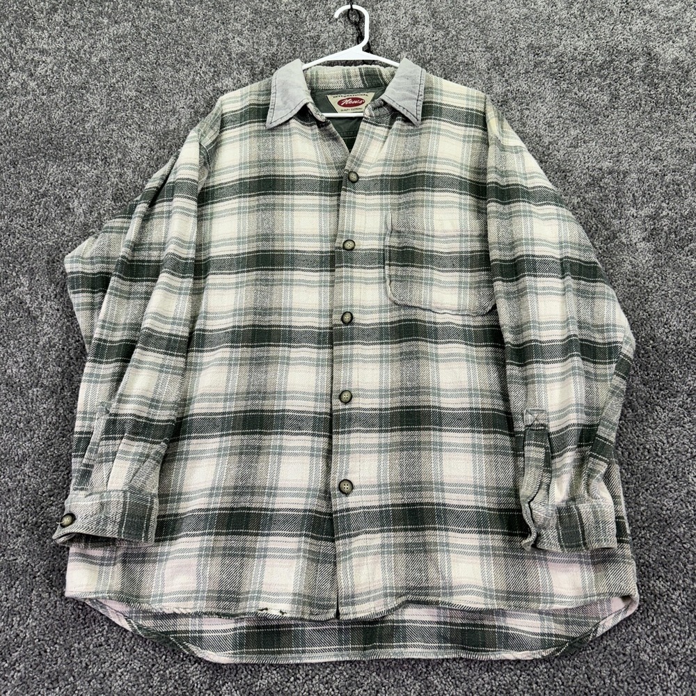 Vtg International News Shirt Mens 2XL Green Plaid Flannel Long Sleeve Button Up